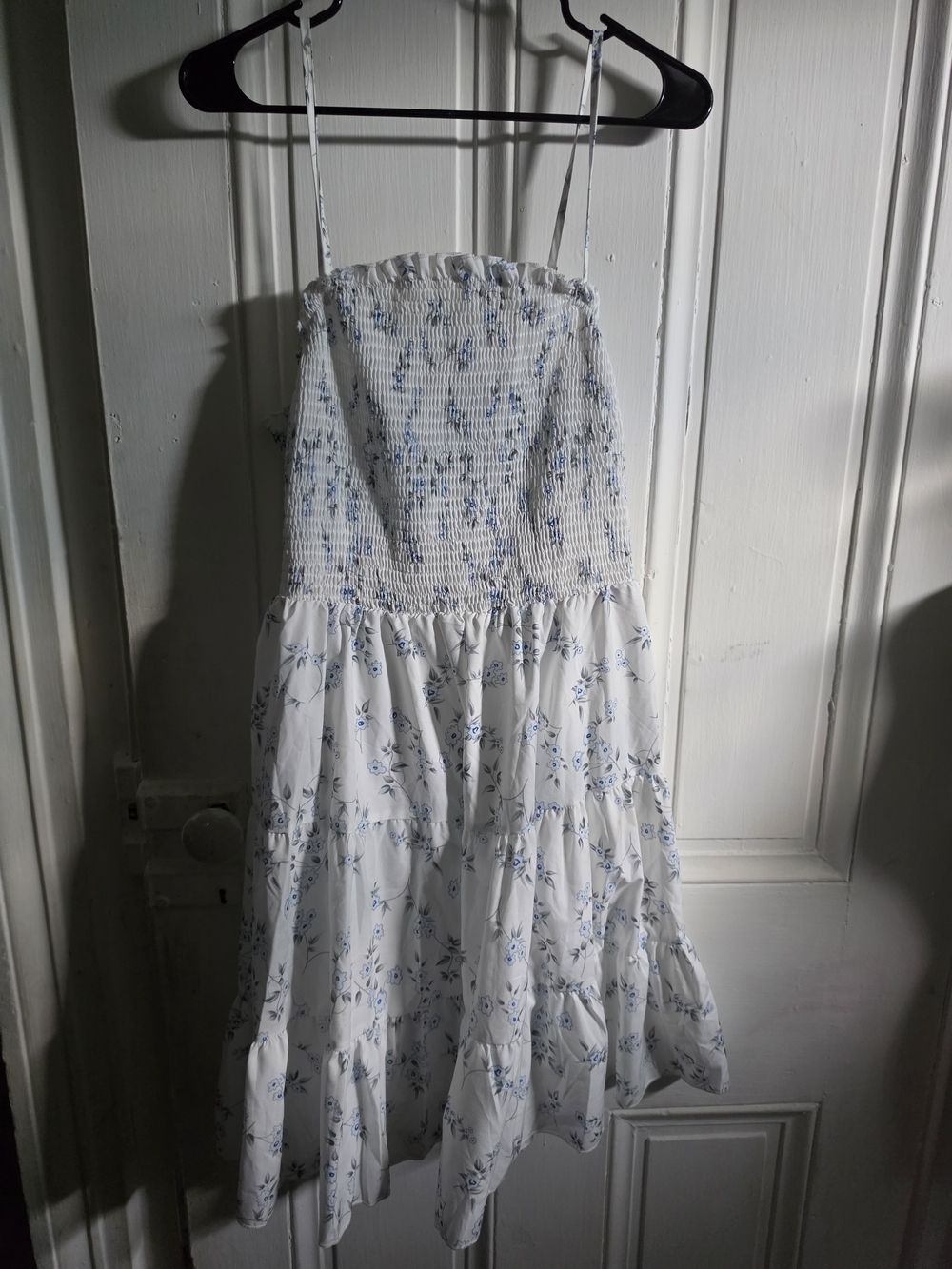 SHEIN White Dress with Blue Floral Print and Smocked Bodice
